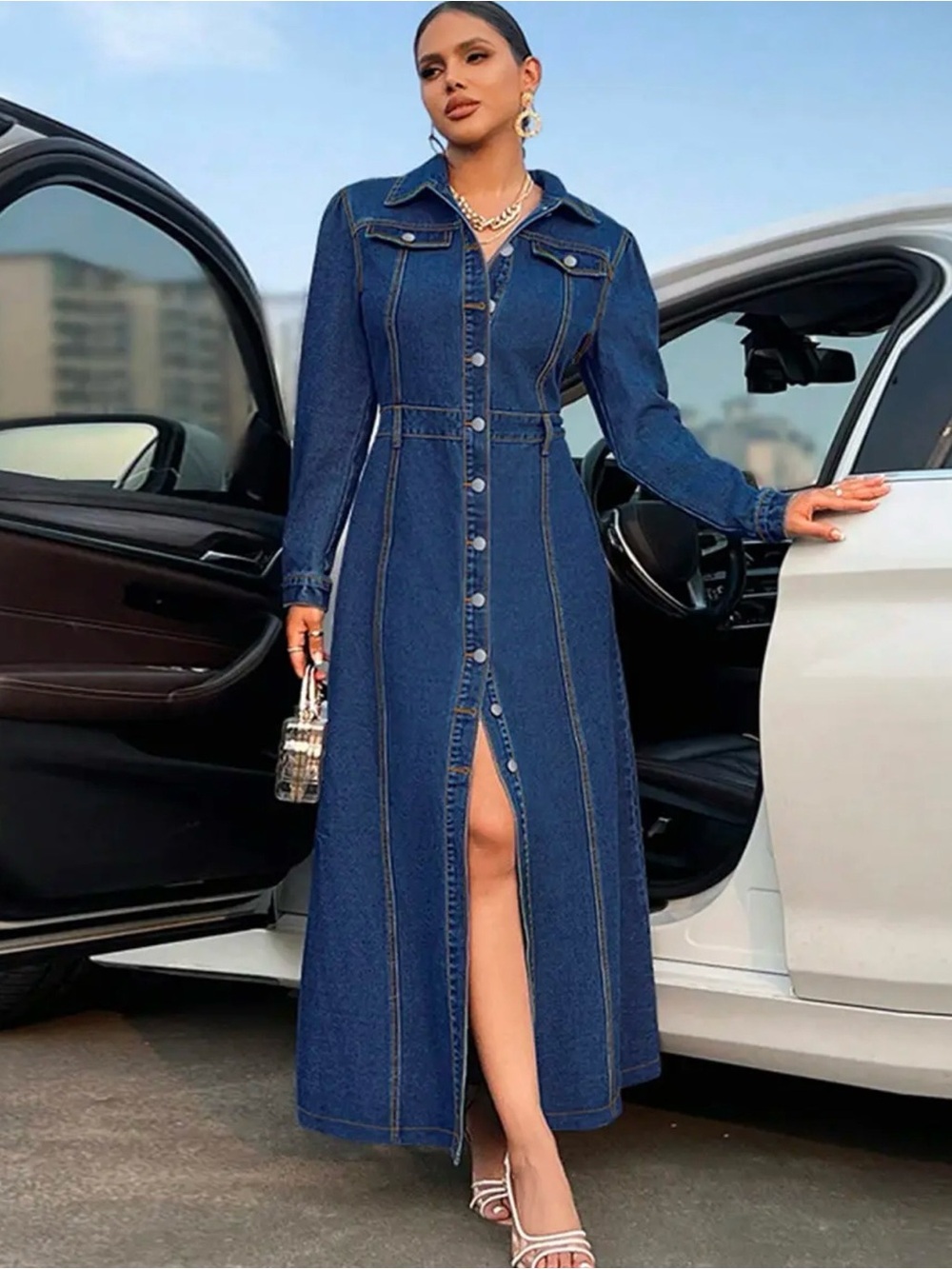 Dark Blue Denim Button-Front Maxi Dress with Long Sleeves L